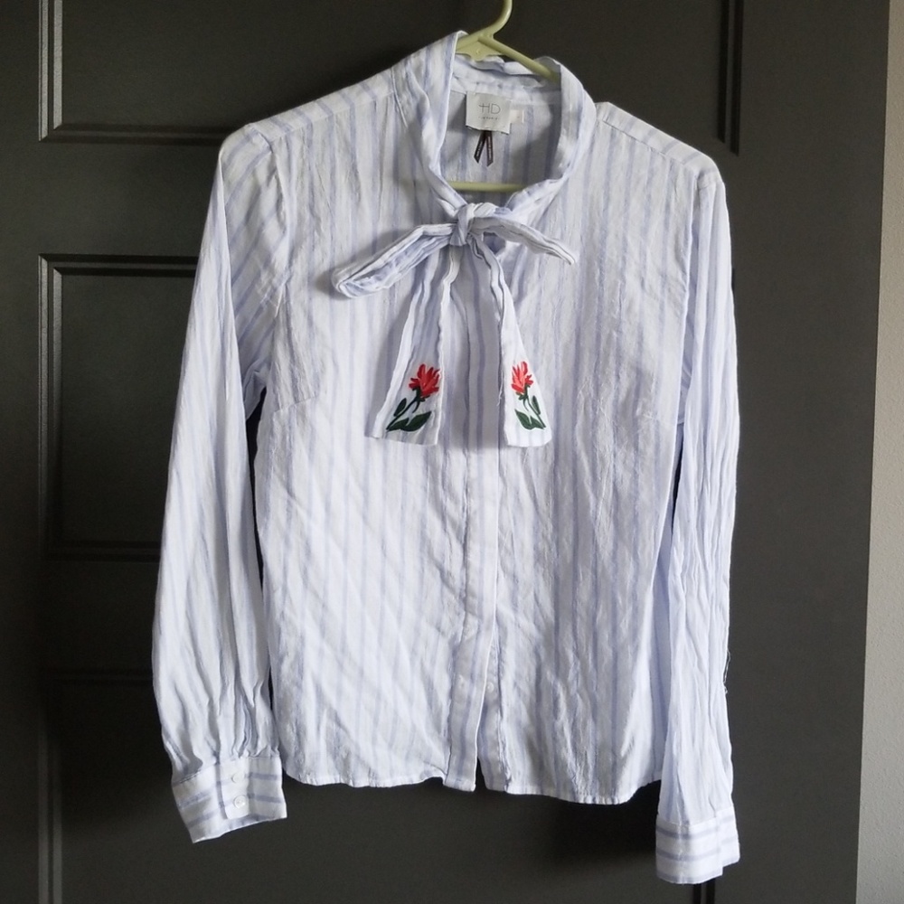 HD in Paris Embroidered Button Up Tie Blouse